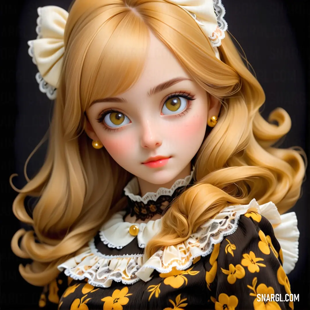 Mikado yellow color example: Doll with long blonde hair wearing a dress and a bow in her hair, with a black background