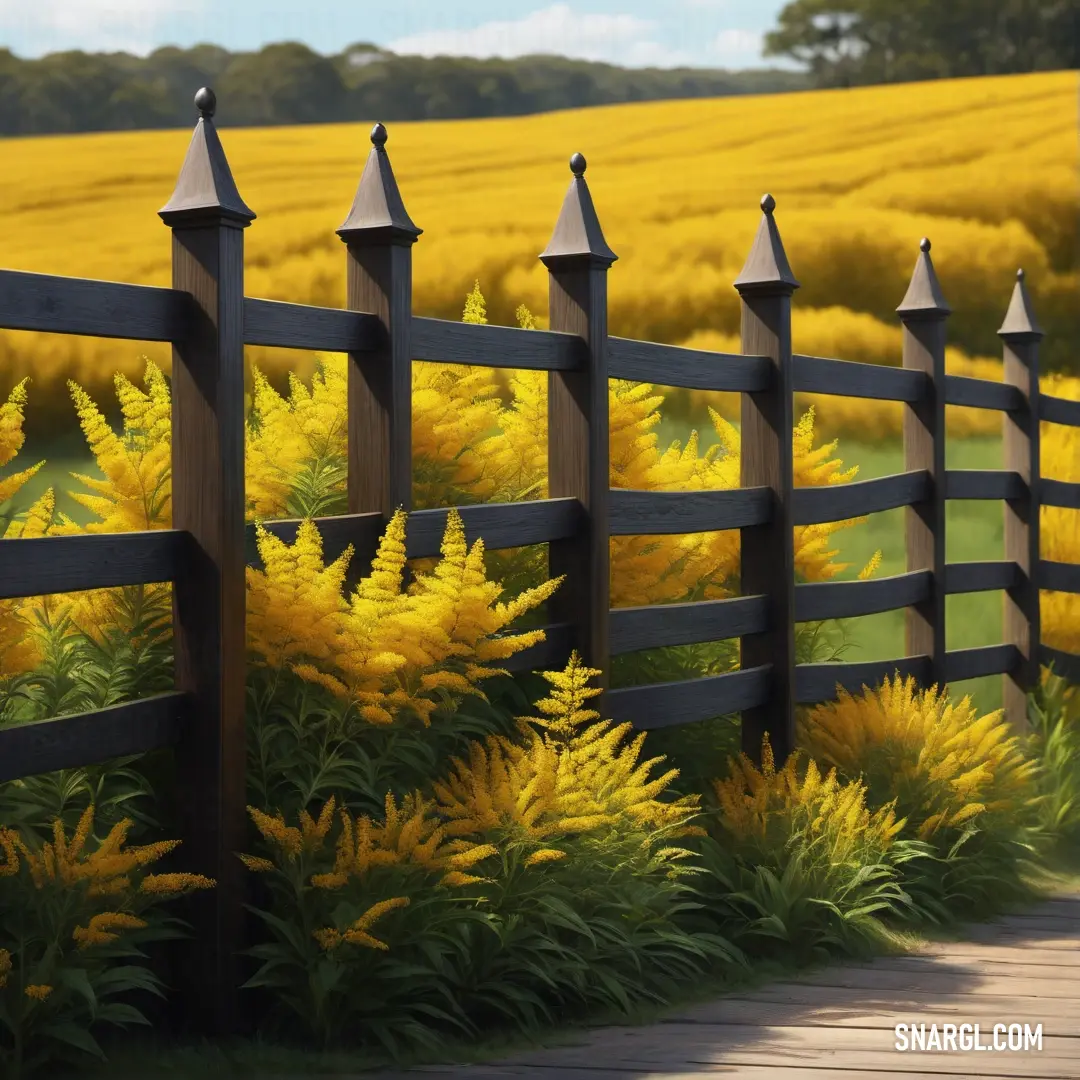 Fence with a field of yellow flowers behind it and a field of yellow flowers behind it behind it. Example of #FFC40C color.