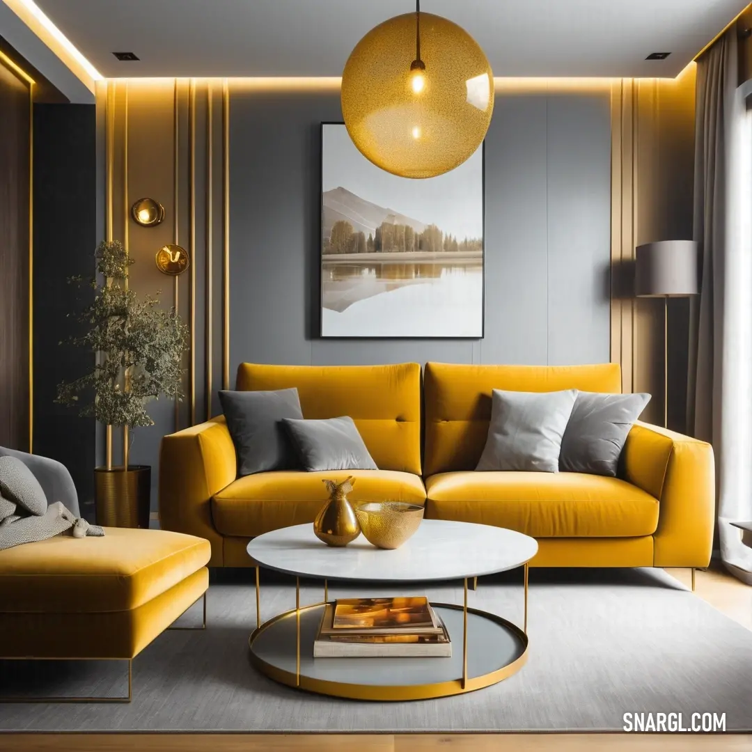 Mikado yellow color. Living room with a yellow couch and a white coffee table in it and a painting on the wall