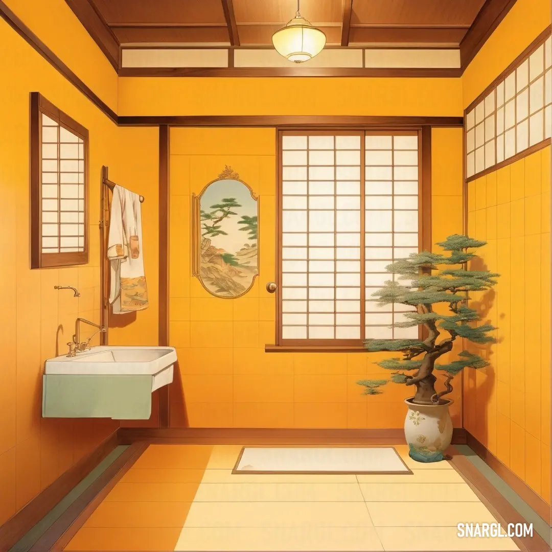 Mikado yellow color. Bathroom with a tree in the corner of the room