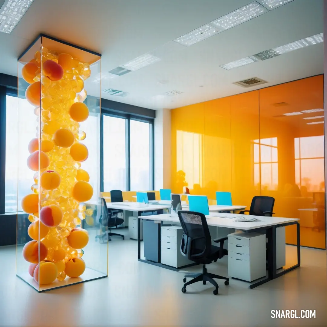 Glass sculpture in an office with a desk. Example of Mikado yellow color.