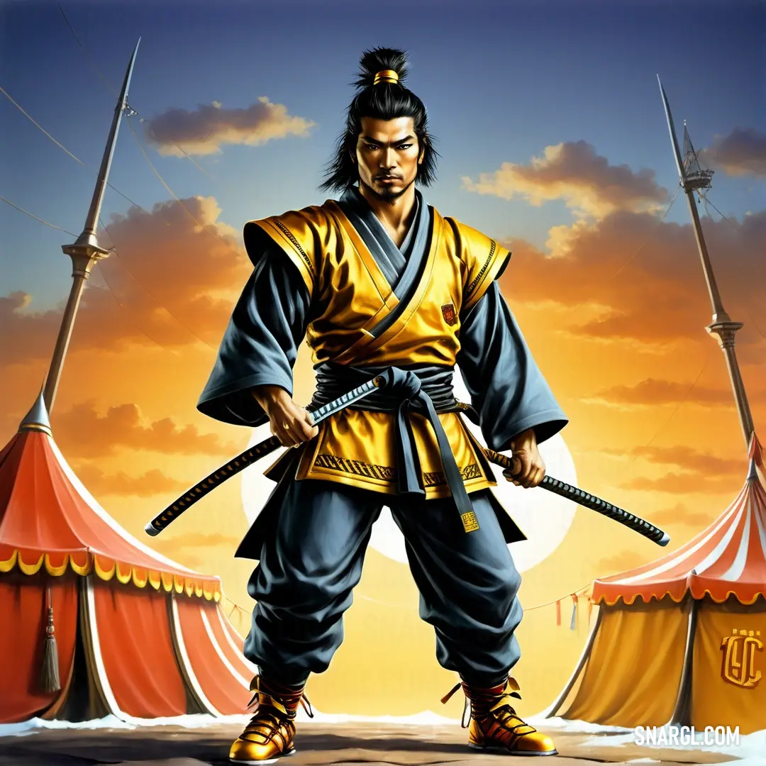 Man in a yellow and blue outfit holding a sword in front of a circus tent. Example of CMYK 0,23,95,0 color.