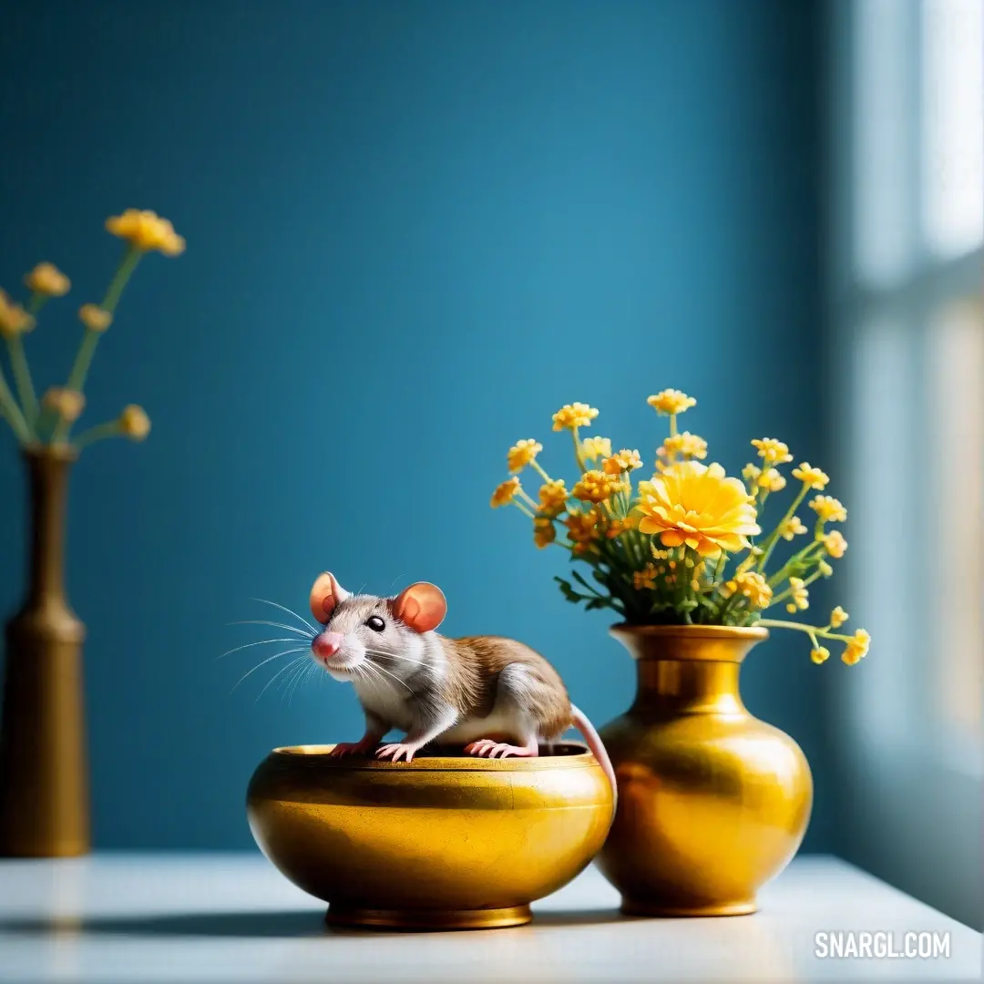 Mouse on a vase with flowers in it and a vase. Example of RGB 255,196,12 color.