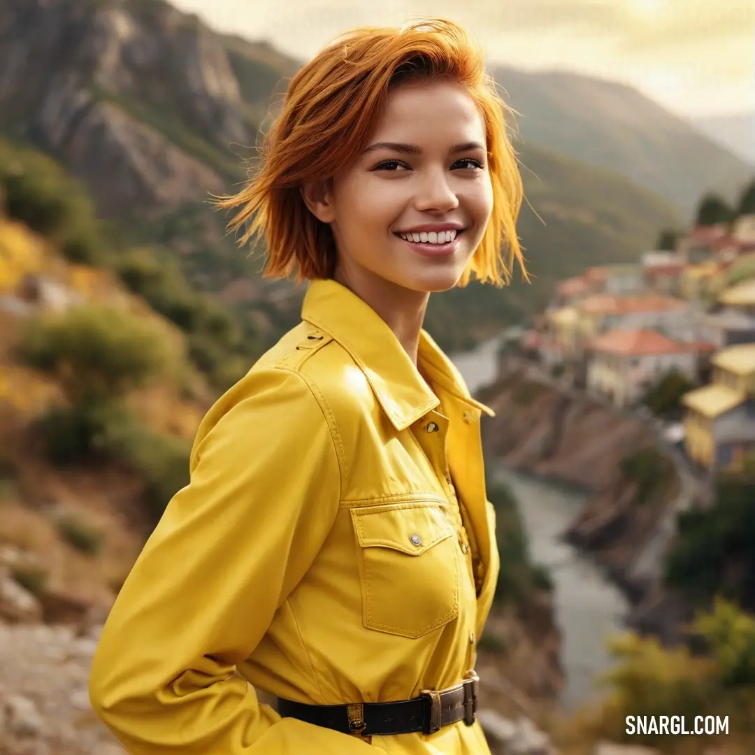 Woman with red hair and a yellow jacket is smiling at the camera while standing on a hill with a town in the background