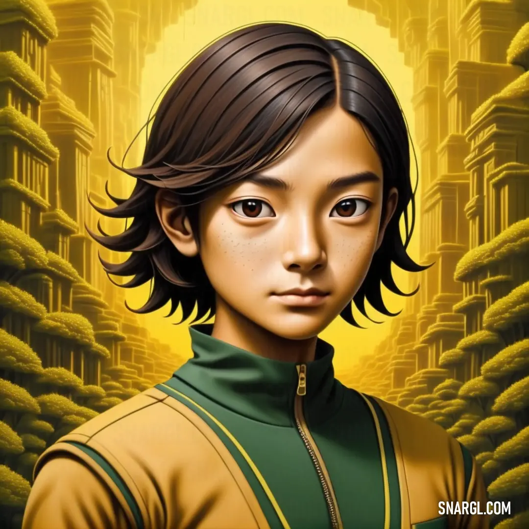 Mikado yellow color example: Young boy with a green shirt and a yellow background
