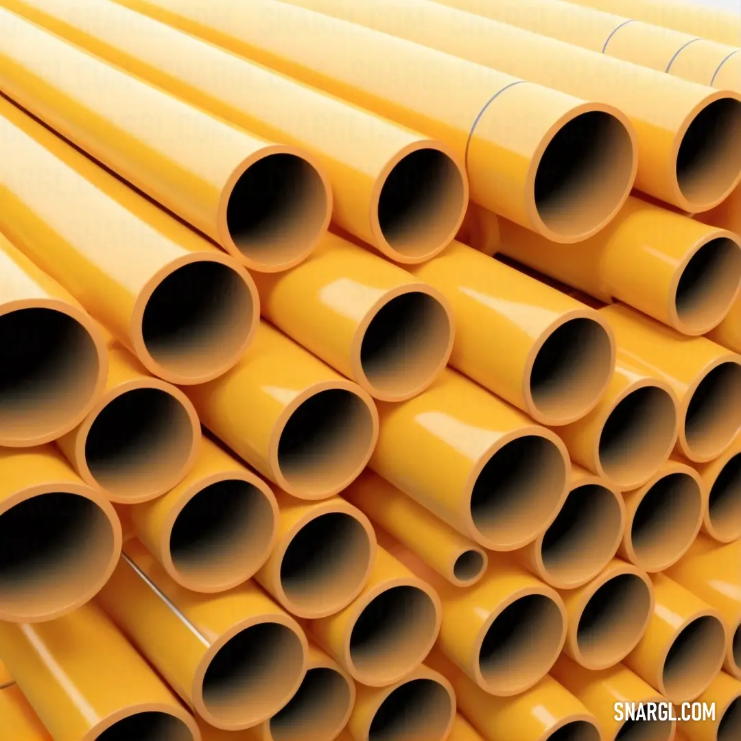 Mikado yellow color example: Stack of yellow pipes stacked on top of each other in a warehouse or warehouse area with a white background