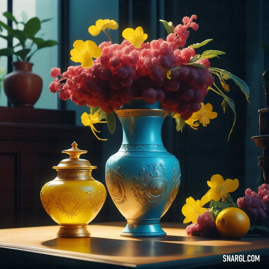 Vase with flowers and a jar with a lid on a table with other flowers and fruit on it. Example of RGB 255,196,12 color.