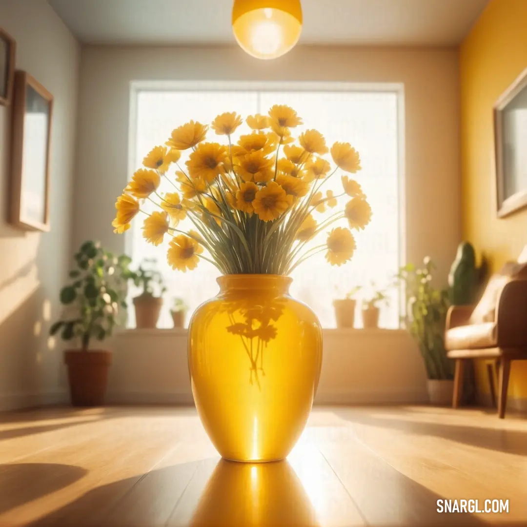 Vase with yellow flowers in a room with a window and a chair in the background. Example of Mikado yellow color.