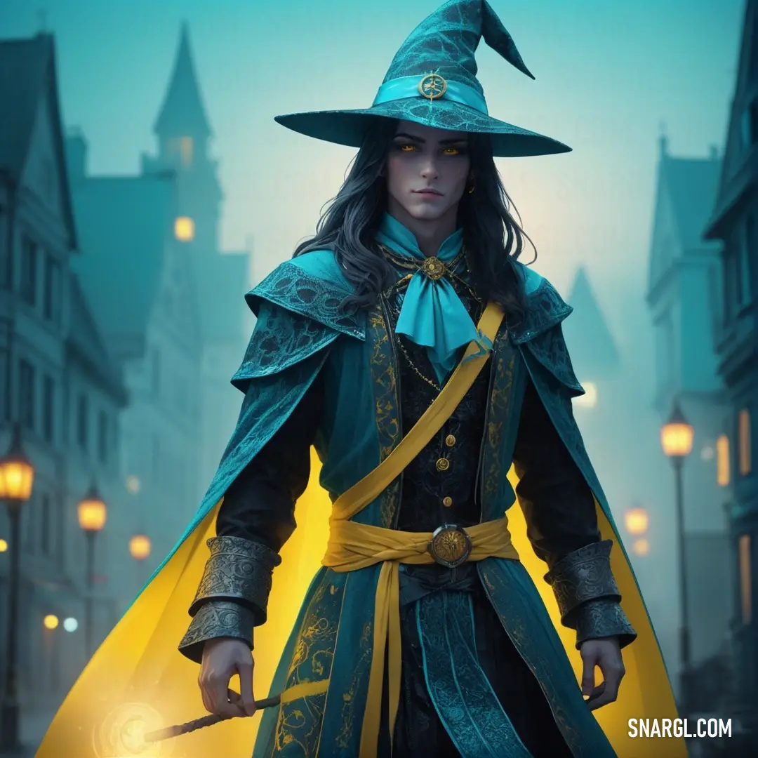 Woman dressed in a wizard costume holding a wand and a hat on a city street at night with a full moon. Example of CMYK 0,23,95,0 color.
