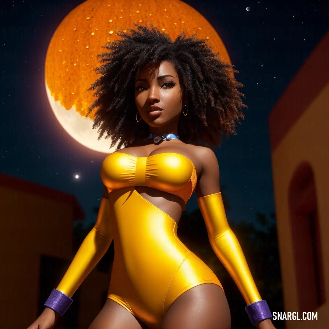 Woman in a yellow bodysuit standing in front of a full moon and stars background