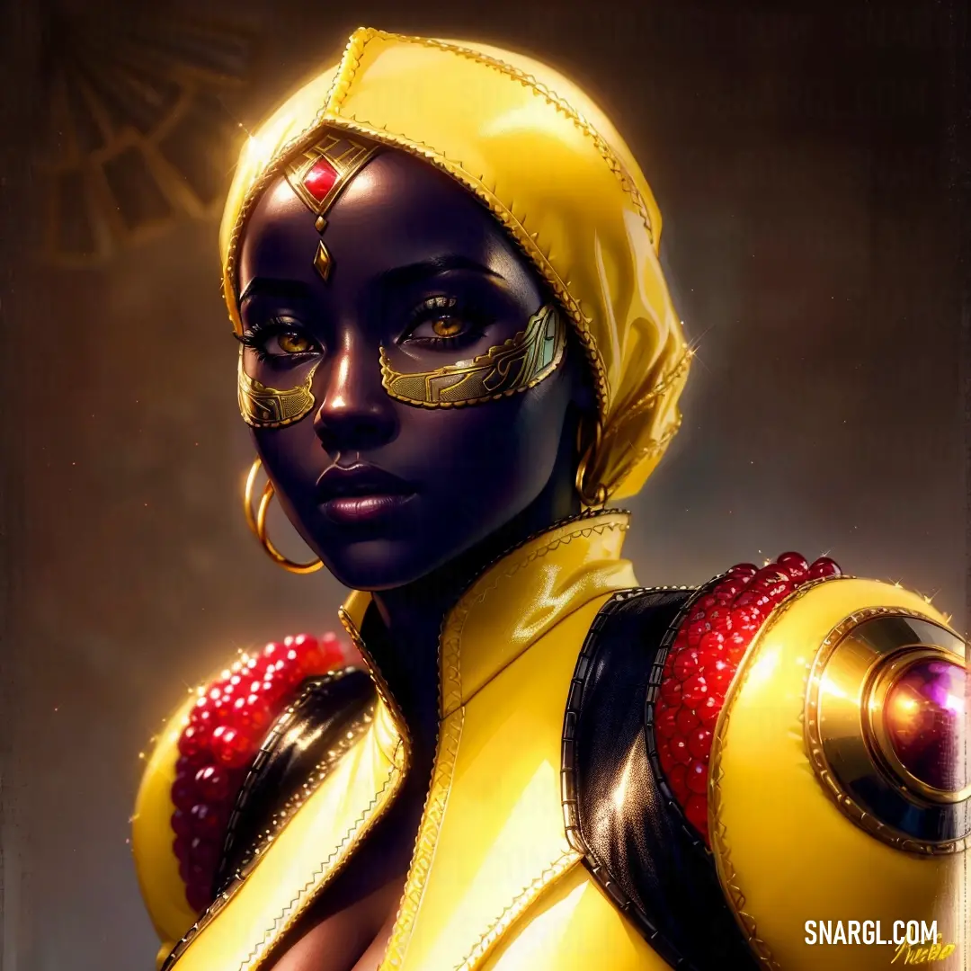 Woman in a yellow outfit with a red and yellow mask on her face and a yellow
