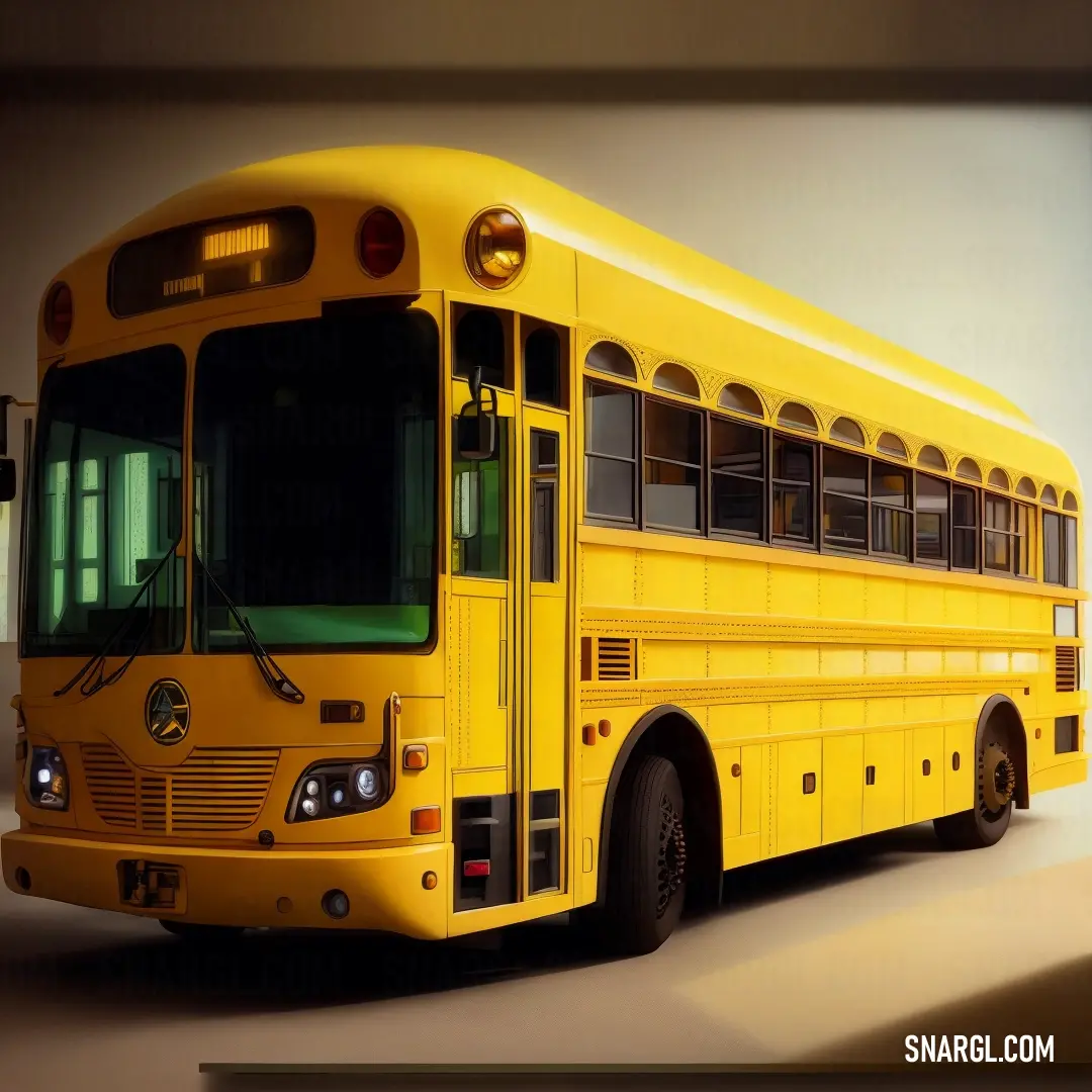 Yellow school bus parked in a garage with a window open and a light on the side of the bus