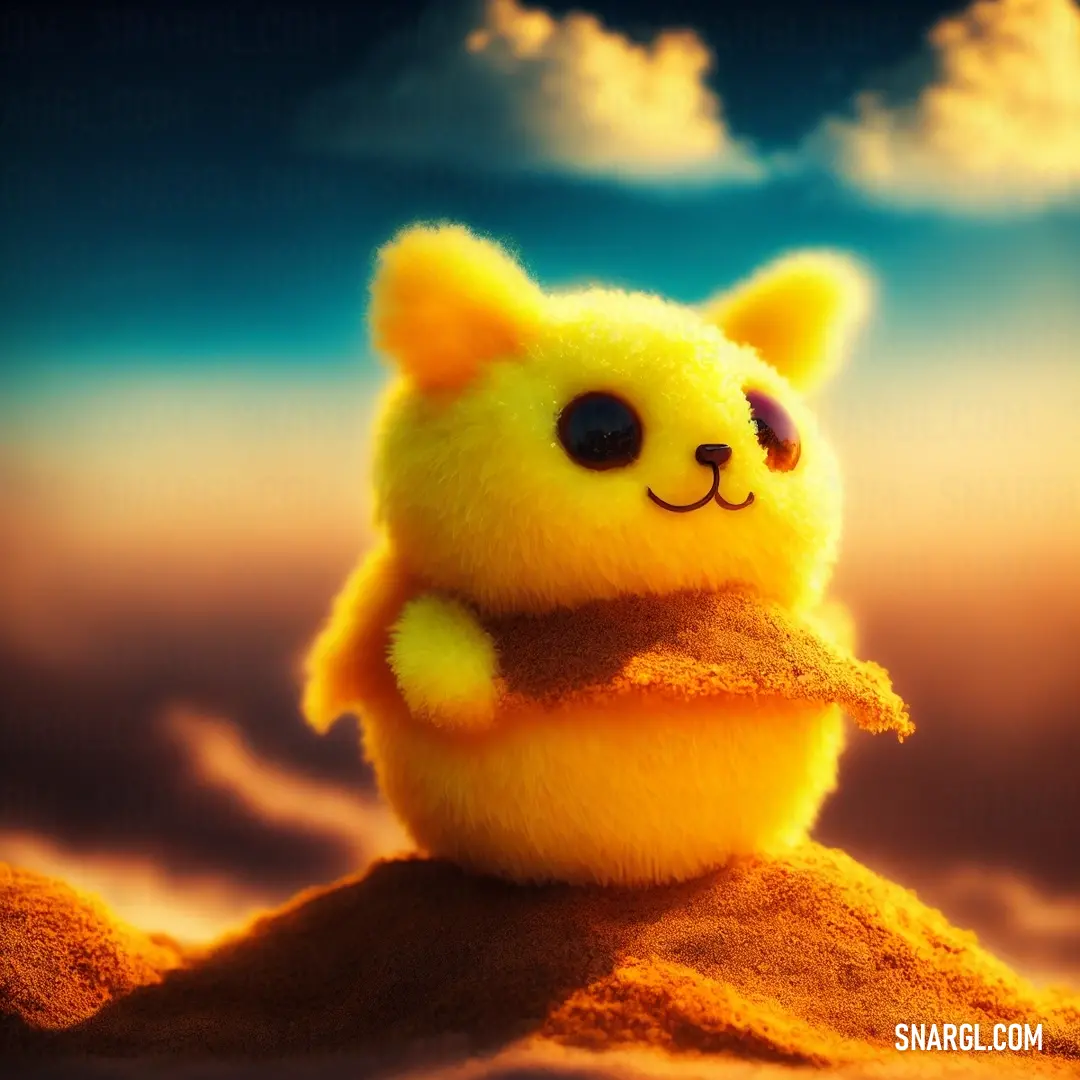 Yellow stuffed animal on top of a pile of sand in the desert with a sky background and clouds