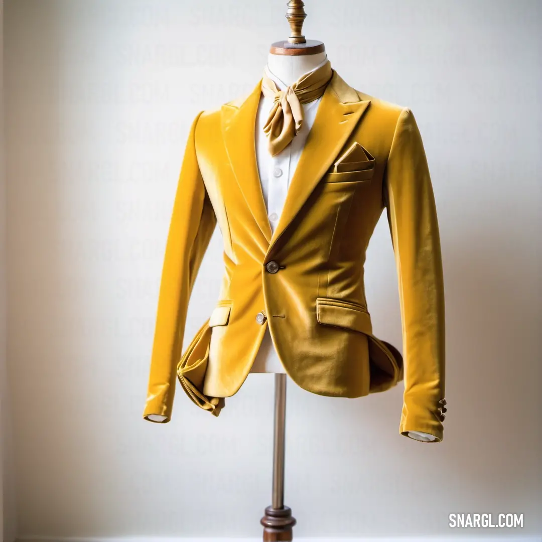 Yellow suit on a mannequin on a stand in a room with a white wall. Color CMYK 0,23,95,0.