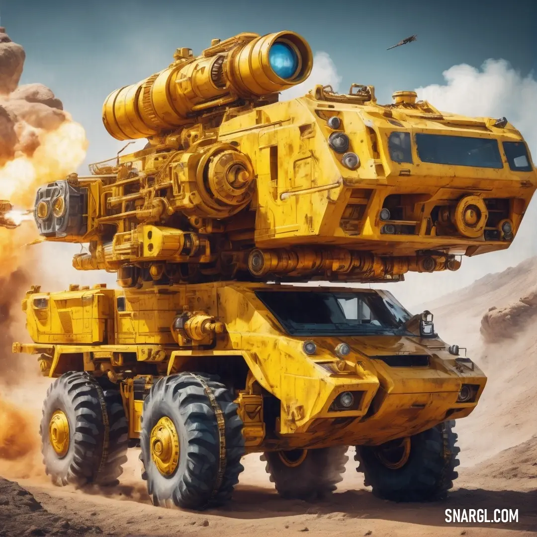Yellow vehicle with a large gun on top of it's back wheels in the desert with a lot of smoke coming out of the back