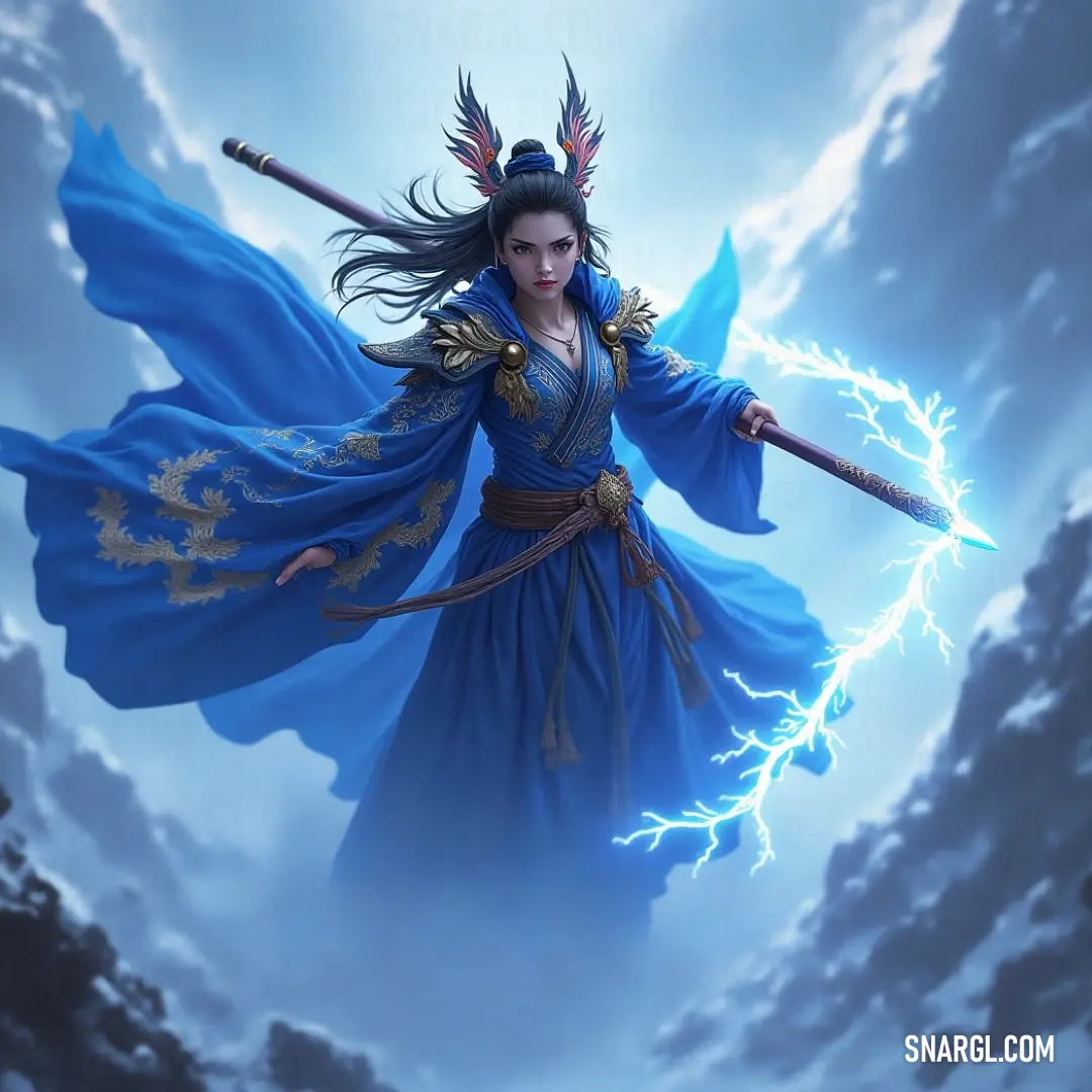 With a sword in one hand and a lightning bolt in the other, Miko dons a striking blue outfit as she stands against a tempestuous backdrop, embodying strength and courage in the face of adversity. Miko stands boldly in her blue attire, clutching a sword and lightning bolt against a stormy sky. The clouds swirl around her, symbolizing empowerment and determination as she prepares to face the challenges ahead.