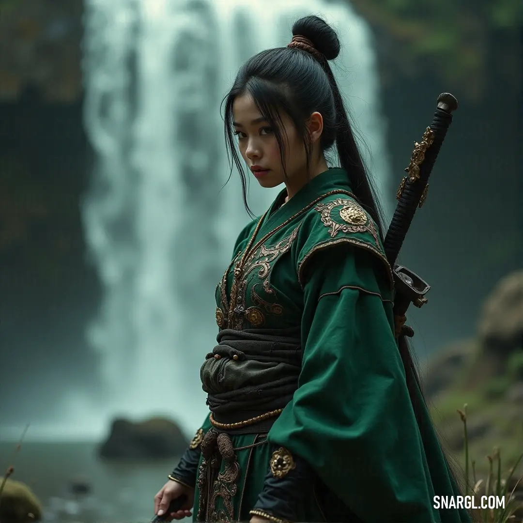 A strong woman in a green dress, sword raised, standing near a powerful waterfall. The cascading water and ethereal mist lend an air of mystery and strength to the moment. A fierce woman in a green dress, holding a sword and standing near a misty waterfall. The surrounding water adds a mystical aura to the scene, symbolizing her strength and grace.