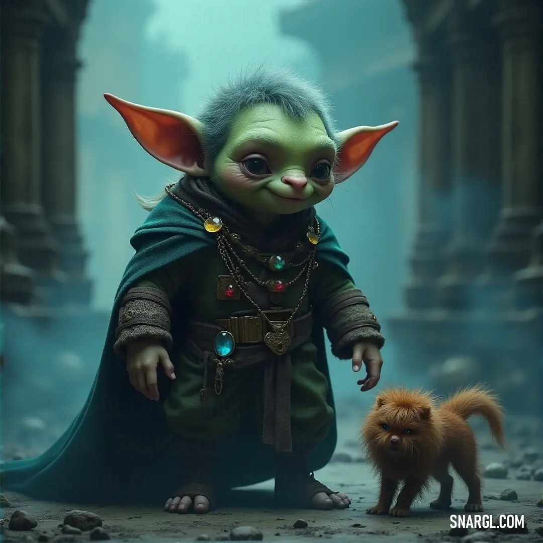 A mysterious small figure in a green cloak stands next to a tiny dog in a shadowy alleyway, the scene filled with a sense of wonder and quiet anticipation. A small green-cloaked figure resembling a baby stands beside a tiny dog in a dark, mysterious alley. Their presence in the shadowed alley feels magical, with a faint green glow emanating from the cloak.