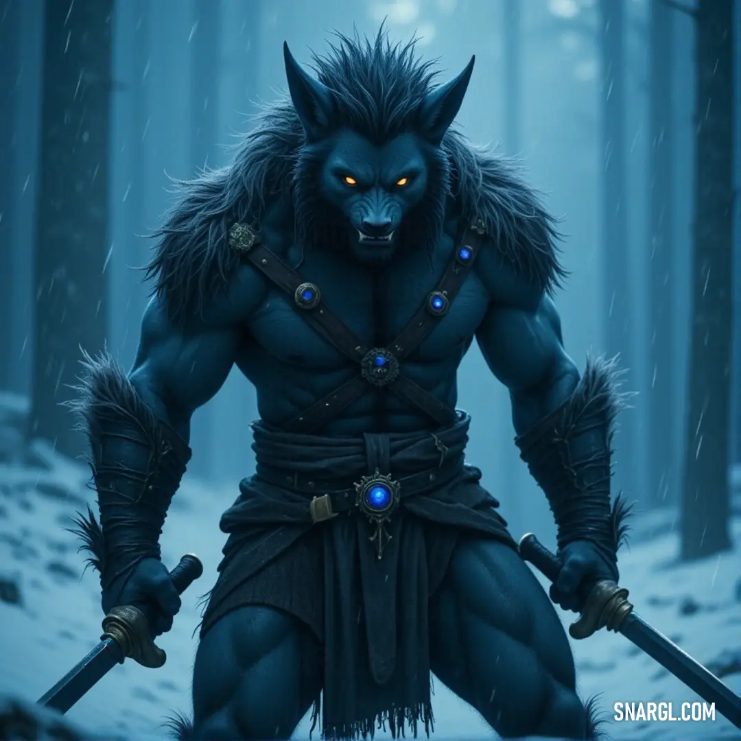 A warrior with a horned face grips two swords in the middle of a snowy forest, with snowflakes falling around them, adding a chilling atmosphere to this battle-ready moment. A warrior with a horned face stands in a snowy forest, two swords drawn and ready. Snow falls heavily around them, adding an element of mystery and danger to the scene, as the forest looms silent and cold.