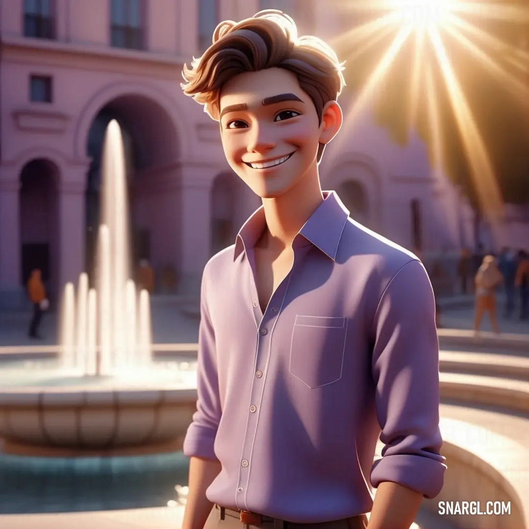 Cartoon man standing in front of a fountain with a smile on his face and a purple shirt on