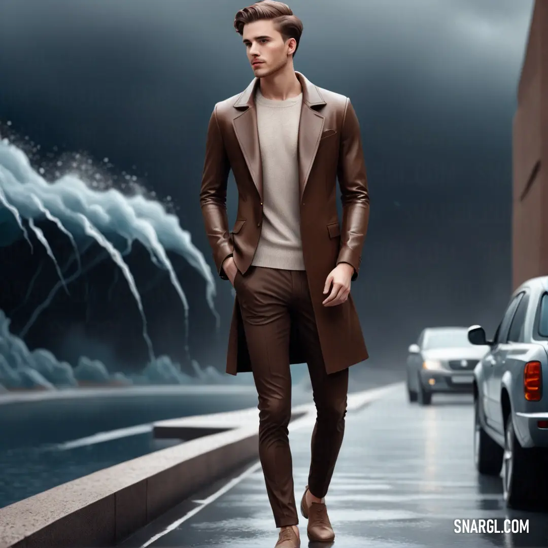 Man in a brown suit and tan shoes walking down a street with a car behind him and a storm in the sky
