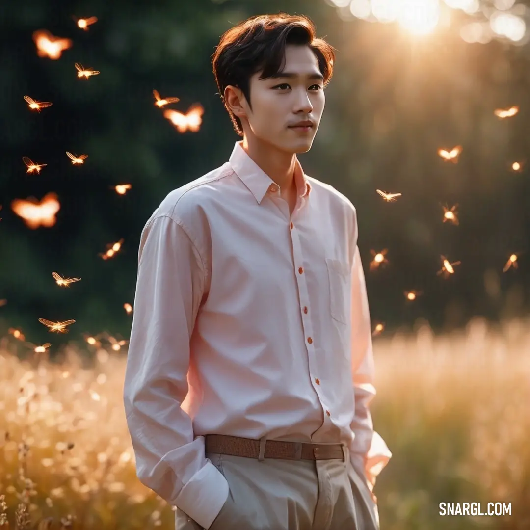 Man standing in a field of grass with a lot of birds flying around him in the air above him