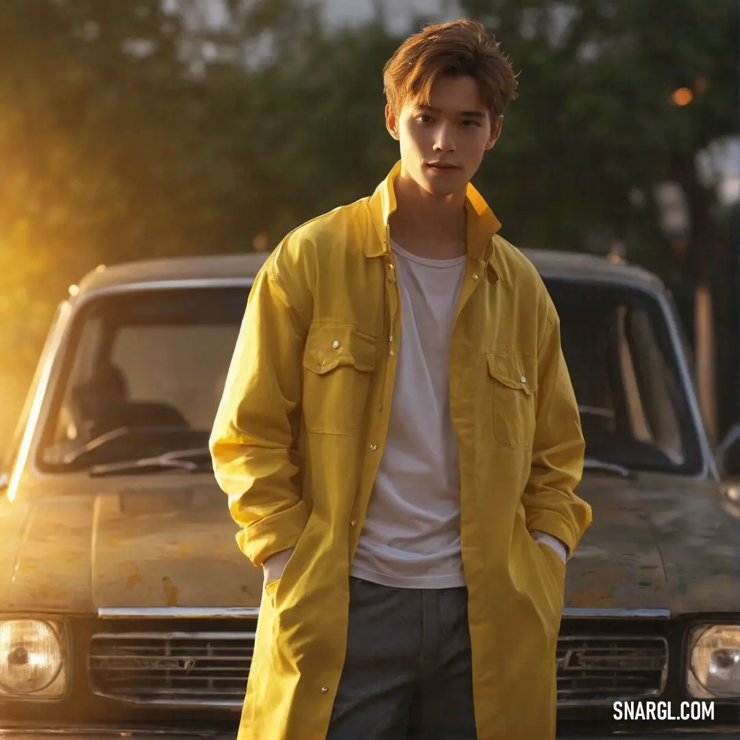 Man standing in front of a car wearing a yellow coat and white shirt and jeans
