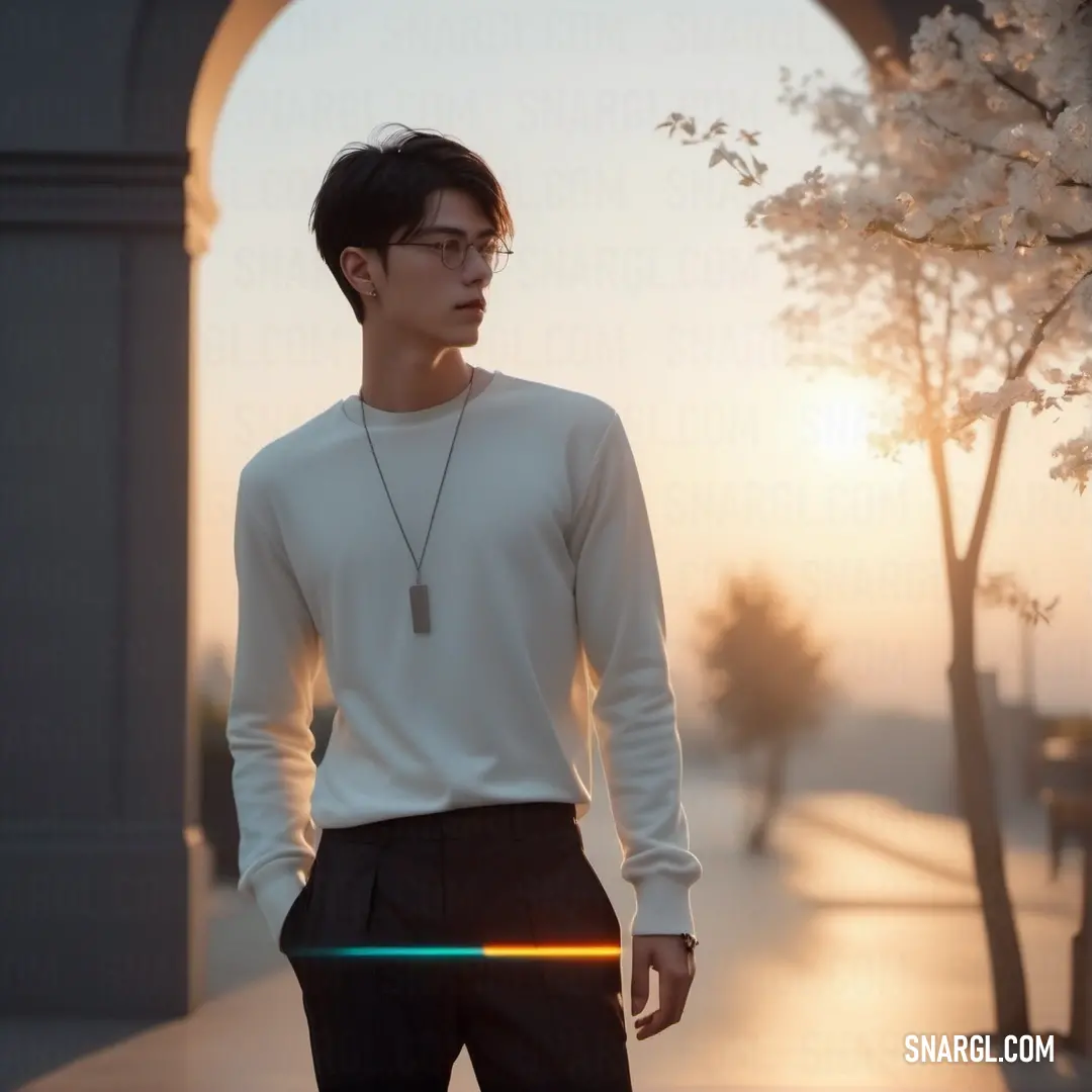 Man standing in front of a tree with a light beam in his hand