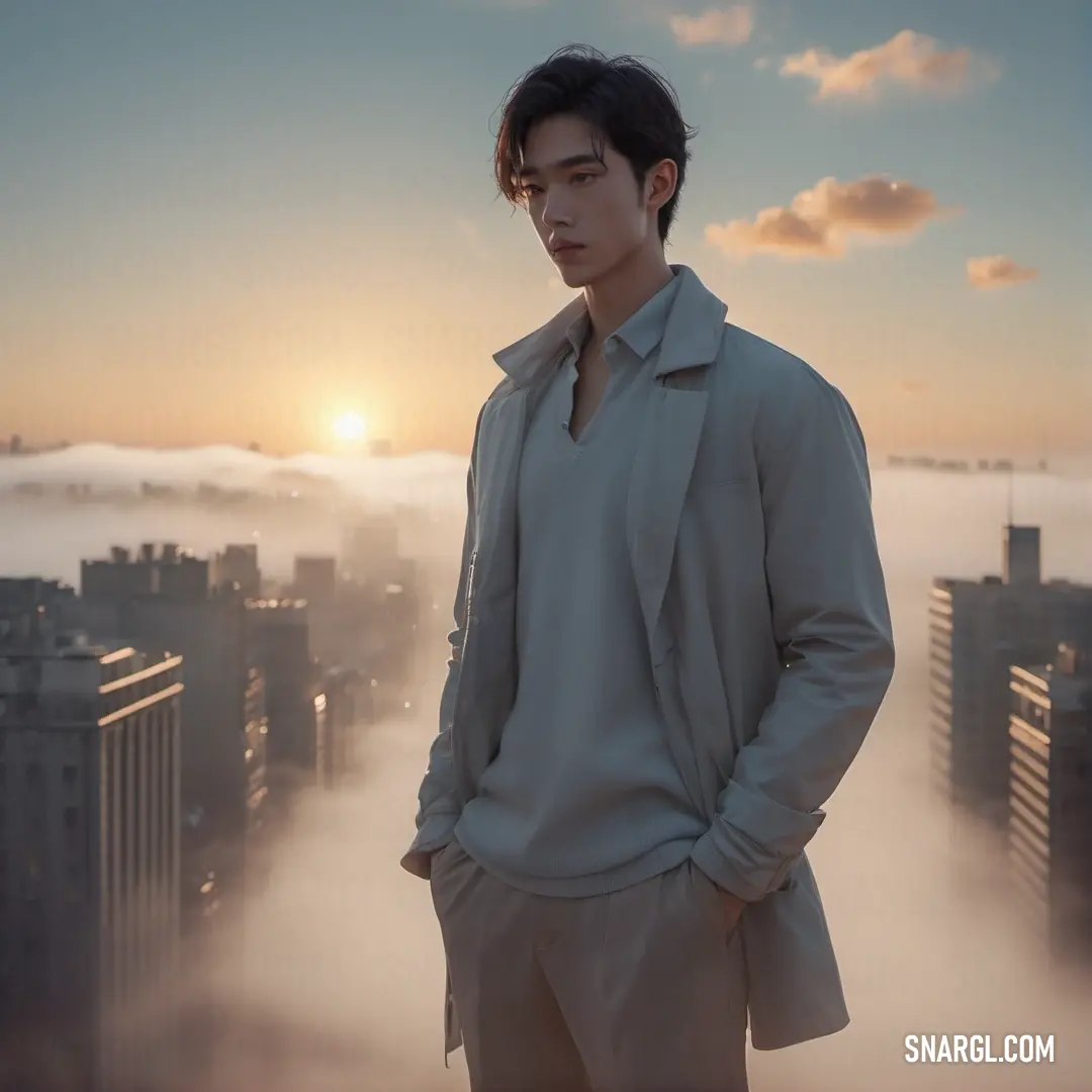 Man standing on top of a building in the fog with a city in the background