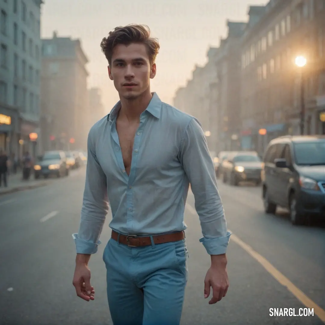 Man walking down a street next to tall buildings and cars on a street at dusk with a man in a blue shirt