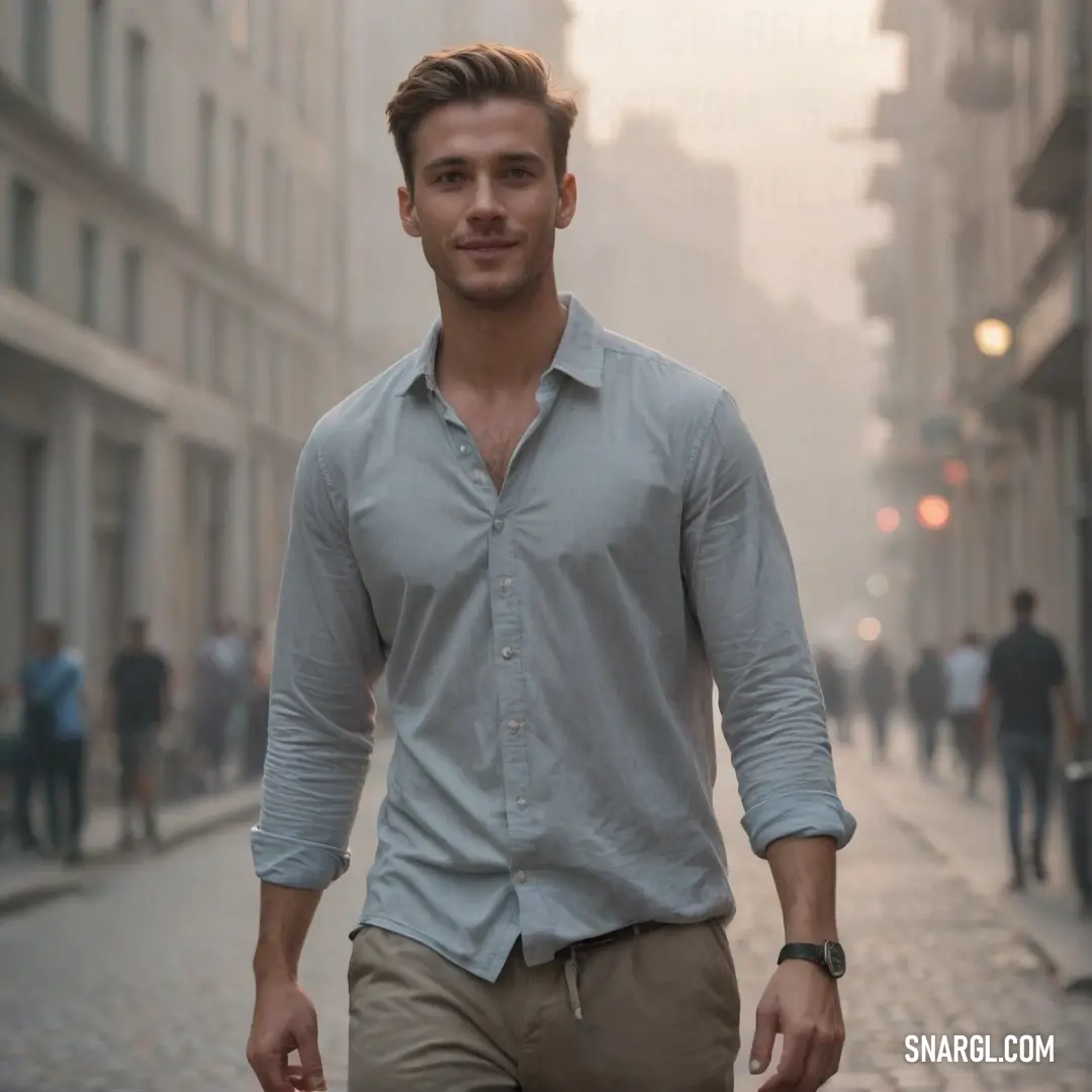 Man walking down a street in a shirt and pants with a watch on his wrist