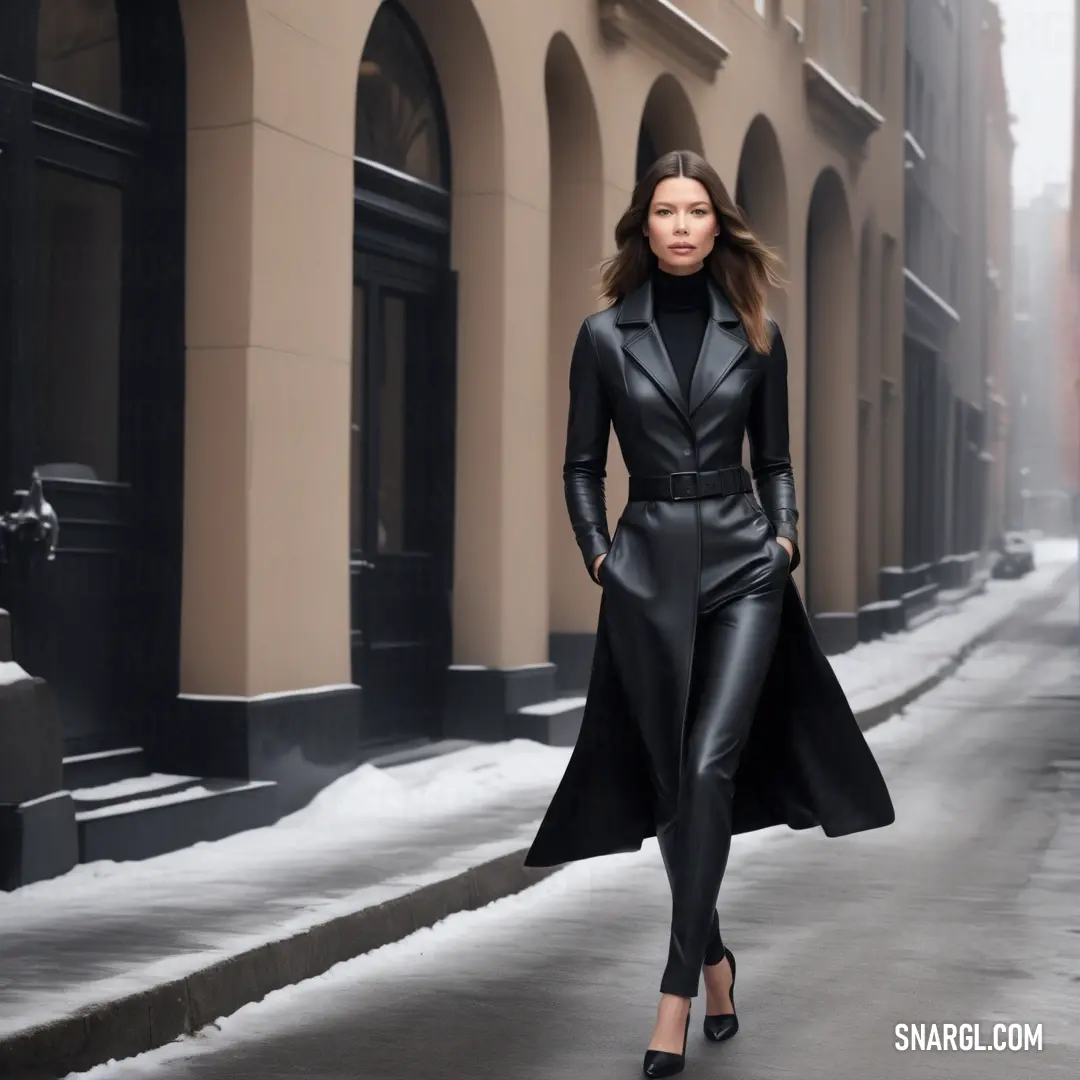Woman in a black leather outfit is walking down the street in the snow wearing a black coat and heels