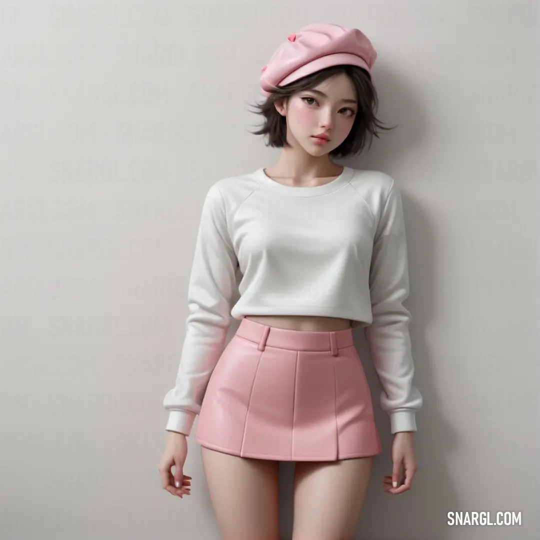 Woman in a pink skirt and a white top with a pink hat on her head