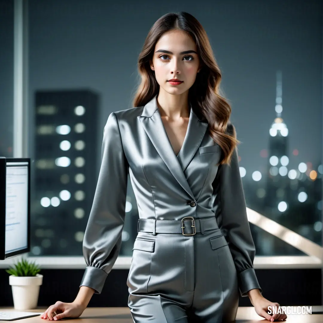 Woman in a suit standing in front of a computer screen in a dark room with a city skyline in the background