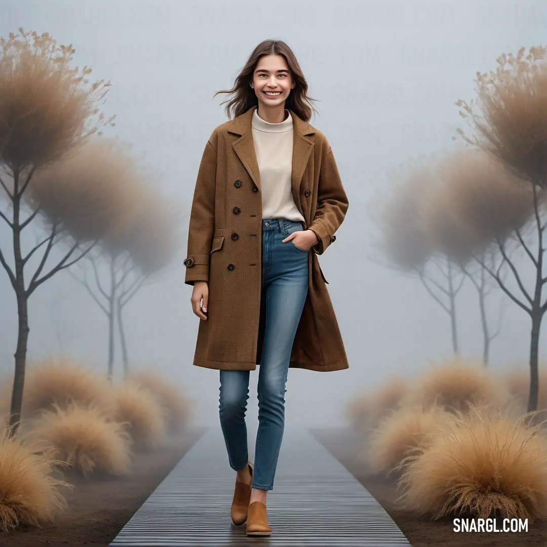 Woman in a trench coat and jeans walks down a runway with trees in the background and foggy sky