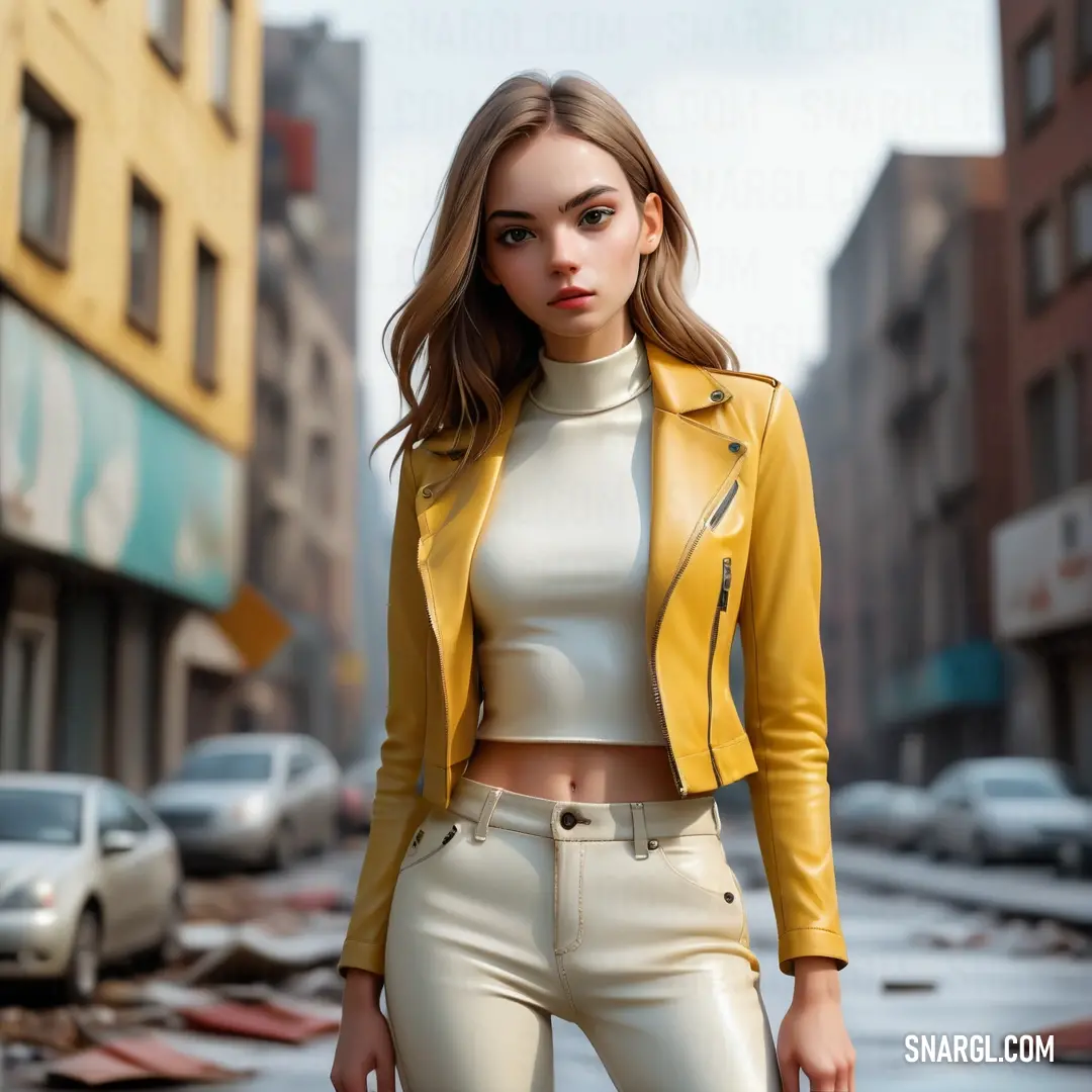 Woman in a yellow jacket and white pants standing in the street