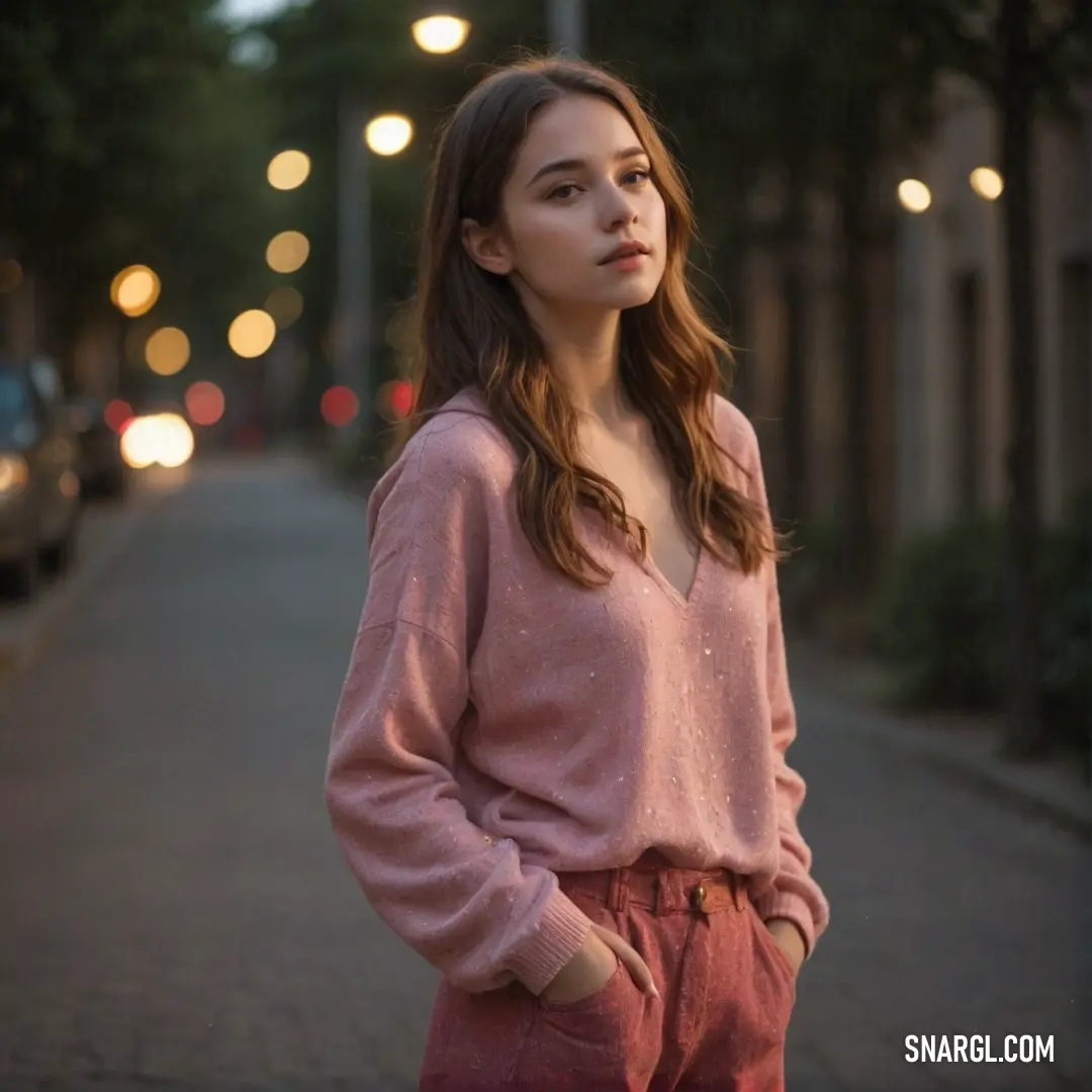 Woman standing on a sidewalk in a pink sweater and pink pants with her hands in her pockets and looking off to the side