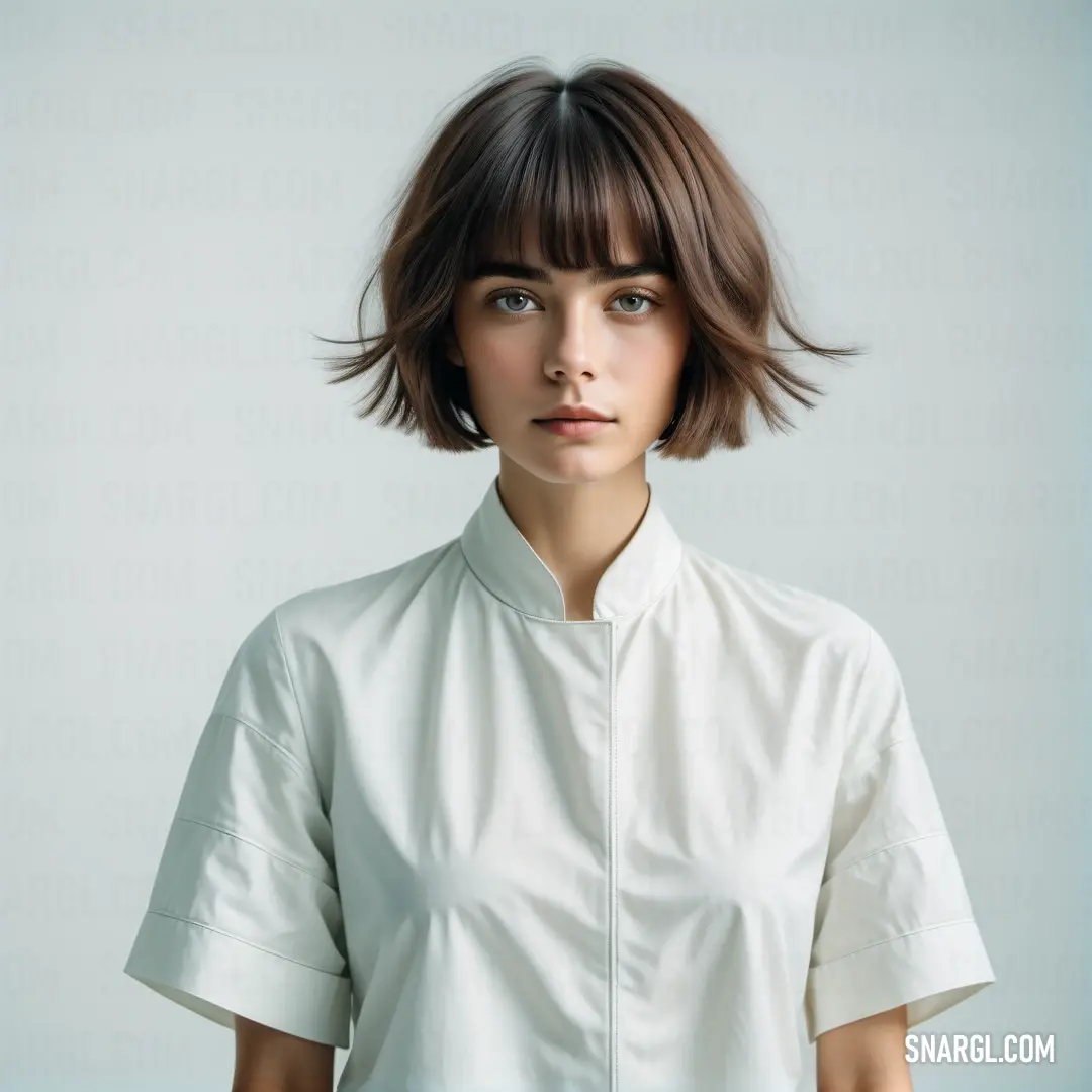 Woman with a short haircut and a white shirt on a blue background