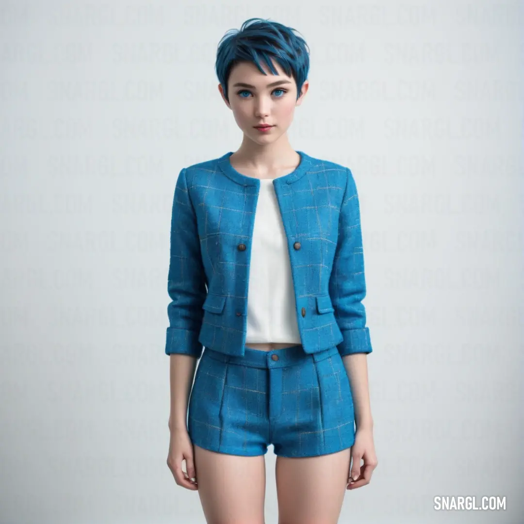 Woman with blue hair and a blue jacket and shorts is standing in front of a white background