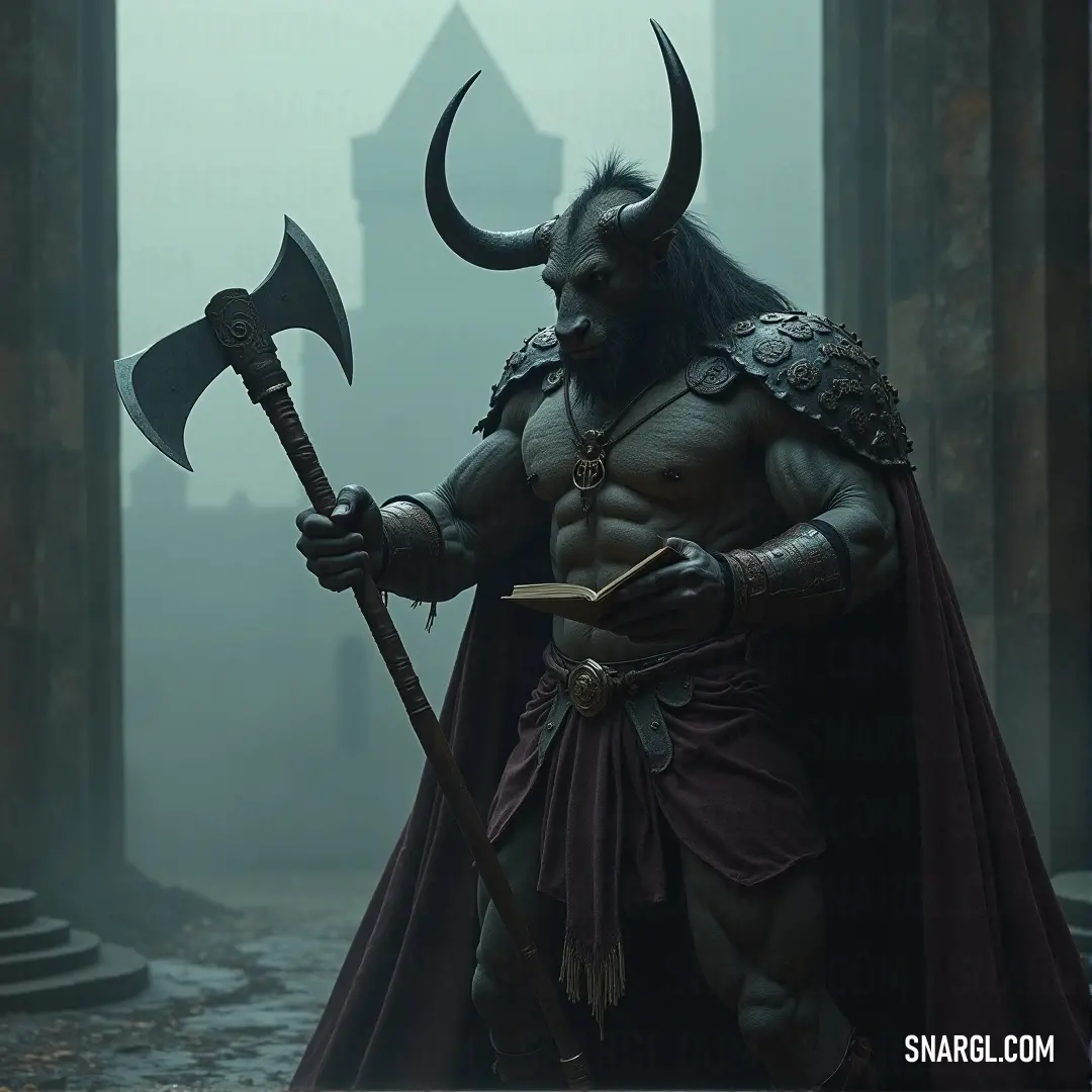 A mighty Minotaur General, wearing a horned costume and holding a massive axe, stands confidently, ready to lead in battle.