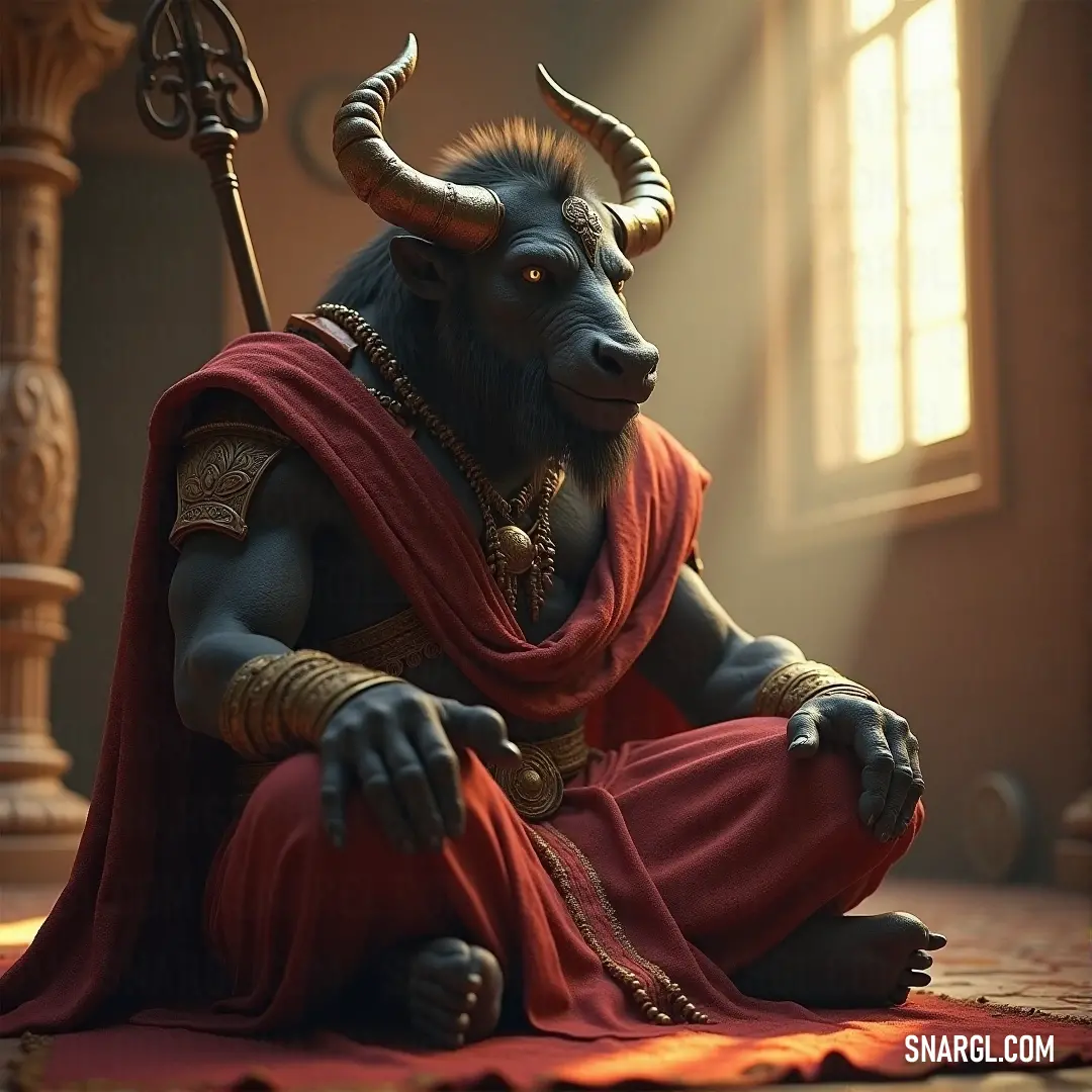 A mighty Minotaur Gladiator, wearing horns and a regal red cape, rests on the stone floor beside a large window, exuding both power and exhaustion after battle.