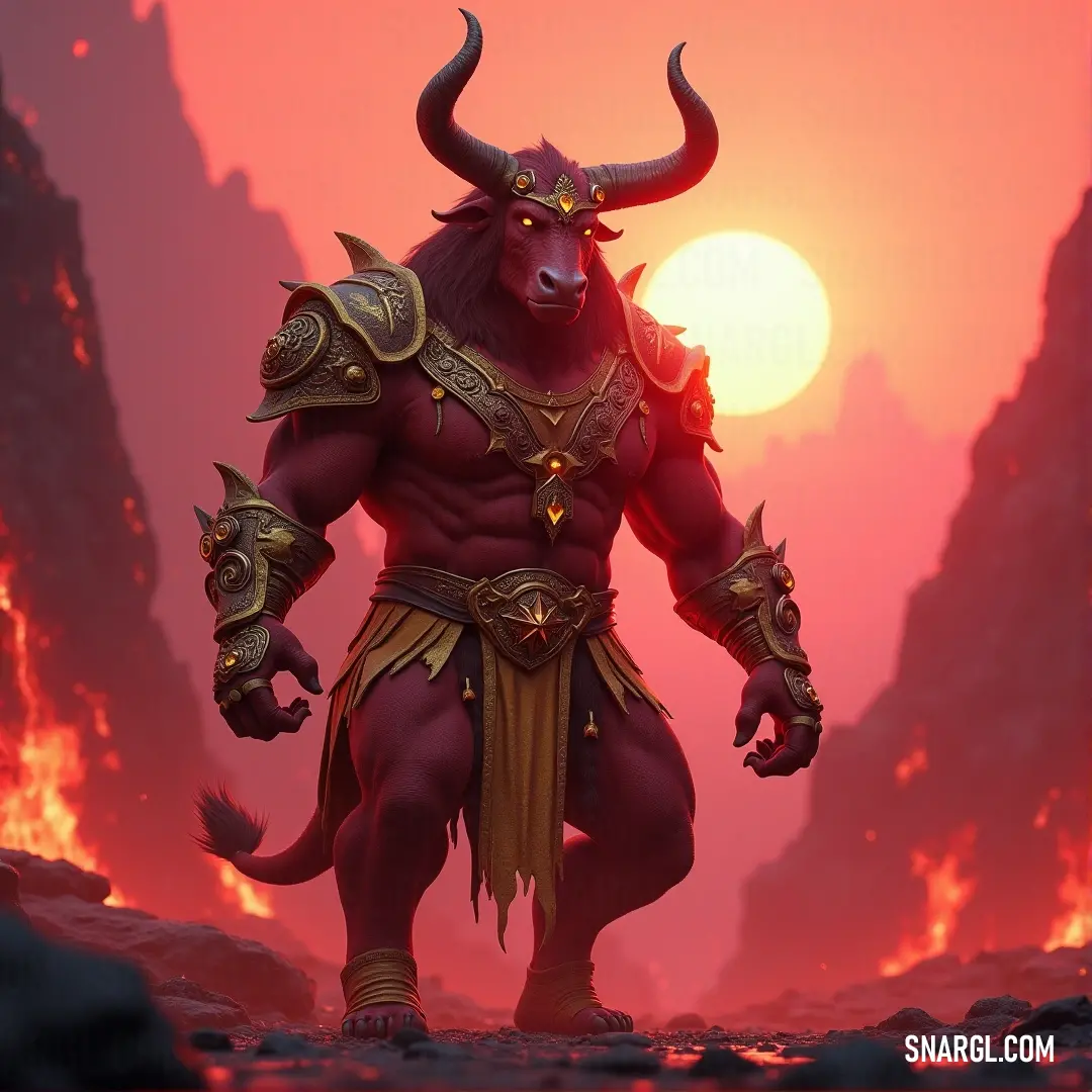 A fearsome, demonic Minotaur Slayer stands in the vast desert, the setting sun casting a fiery glow on the horizon, his presence a warning to all who dare approach.