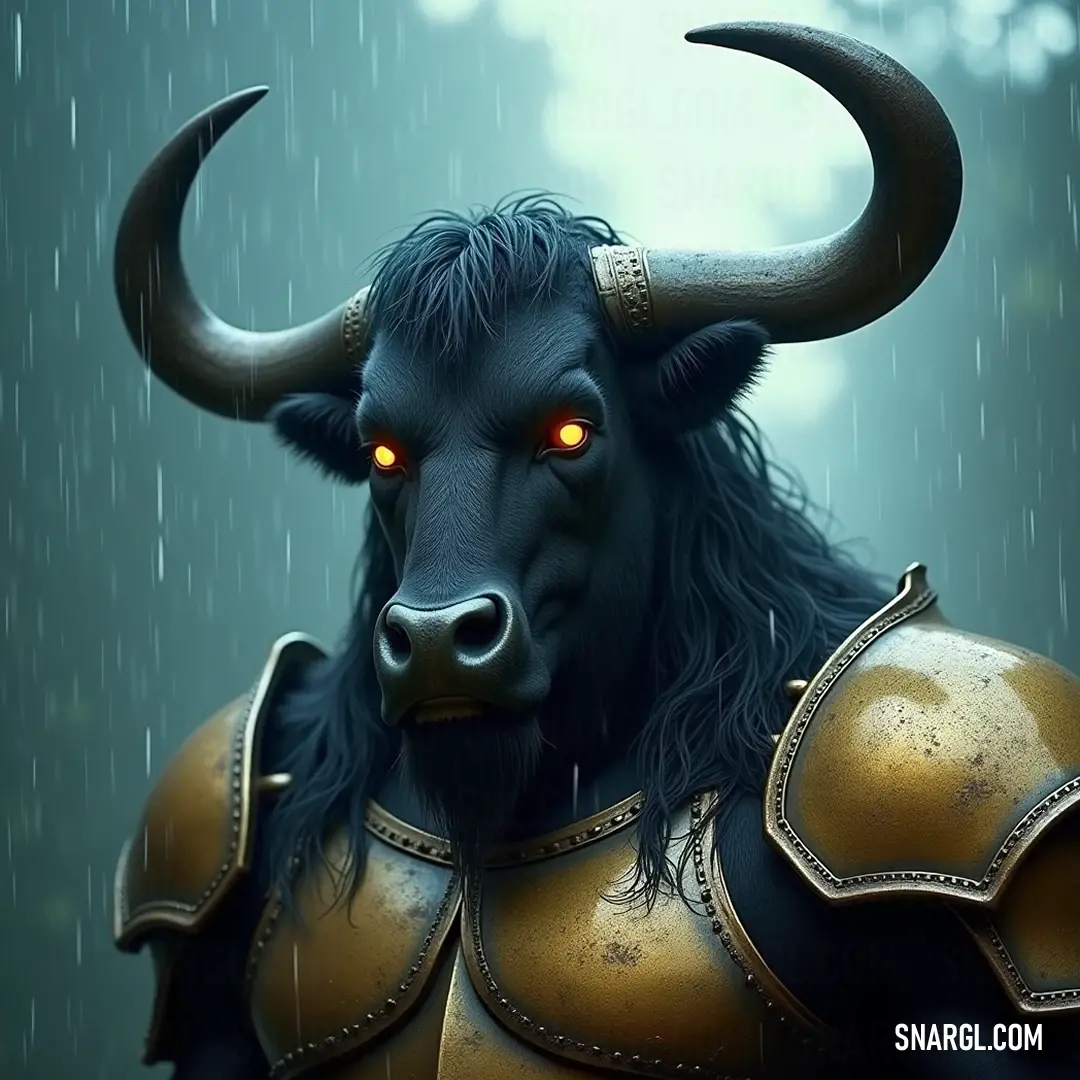 A striking portrayal of a Minotaur Warrior with glowing eyes, standing defiantly in the rain-drenched forest, capturing the raw essence of nature's untamed beauty. A valiant Minotaur Warrior, adorned with a helmet and glowing eyes, braves the rain in a deep forest, highlighting the ferocity of mythical creatures cloaked in nature's turbulence.