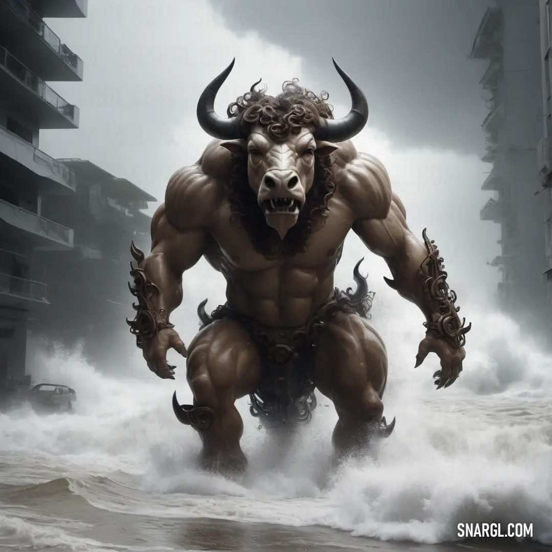 Bull with horns and horns standing in the water in front of a city street with buildings