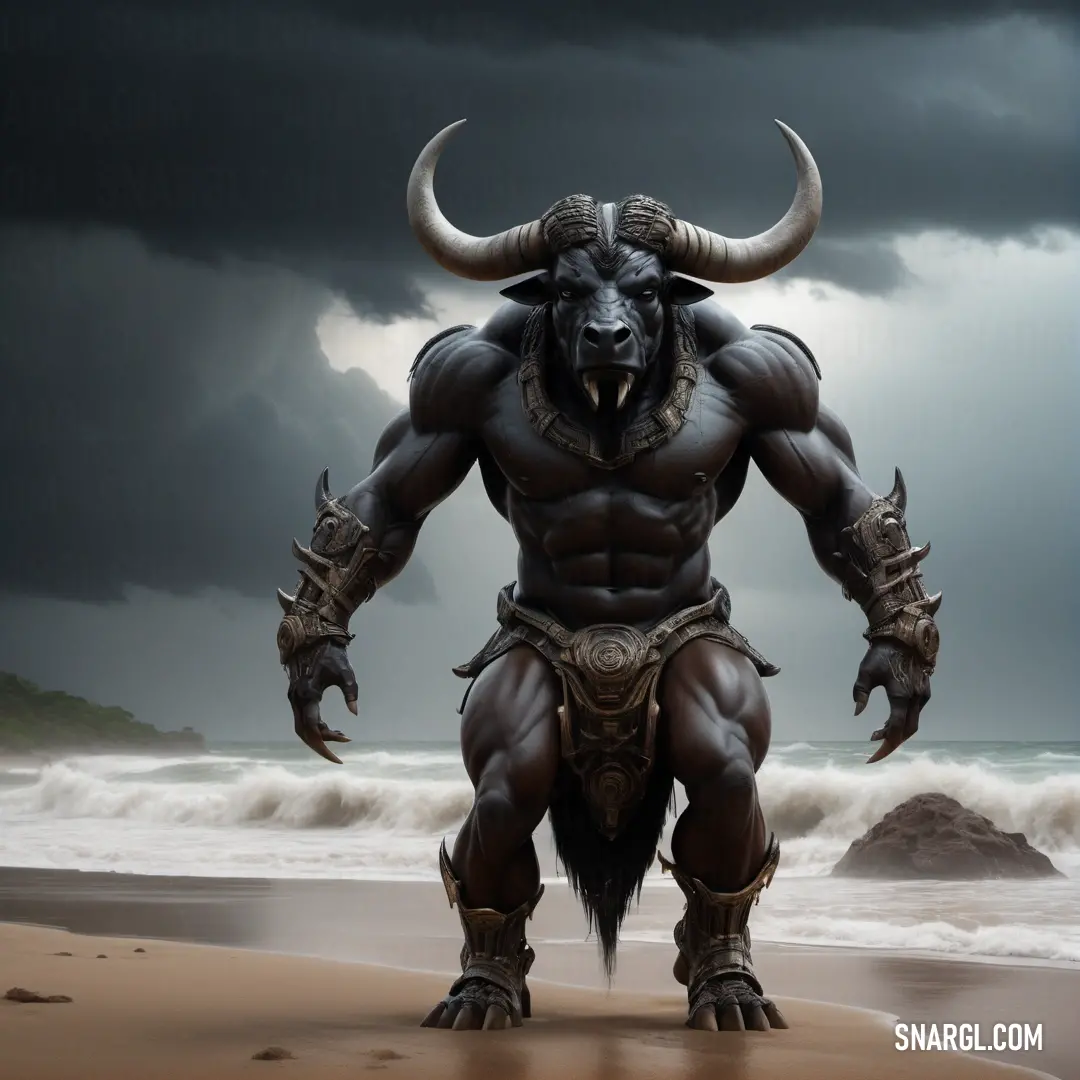 Computer generated image of a horned male Minotaur on a beach with a storm in the background and a dark sky