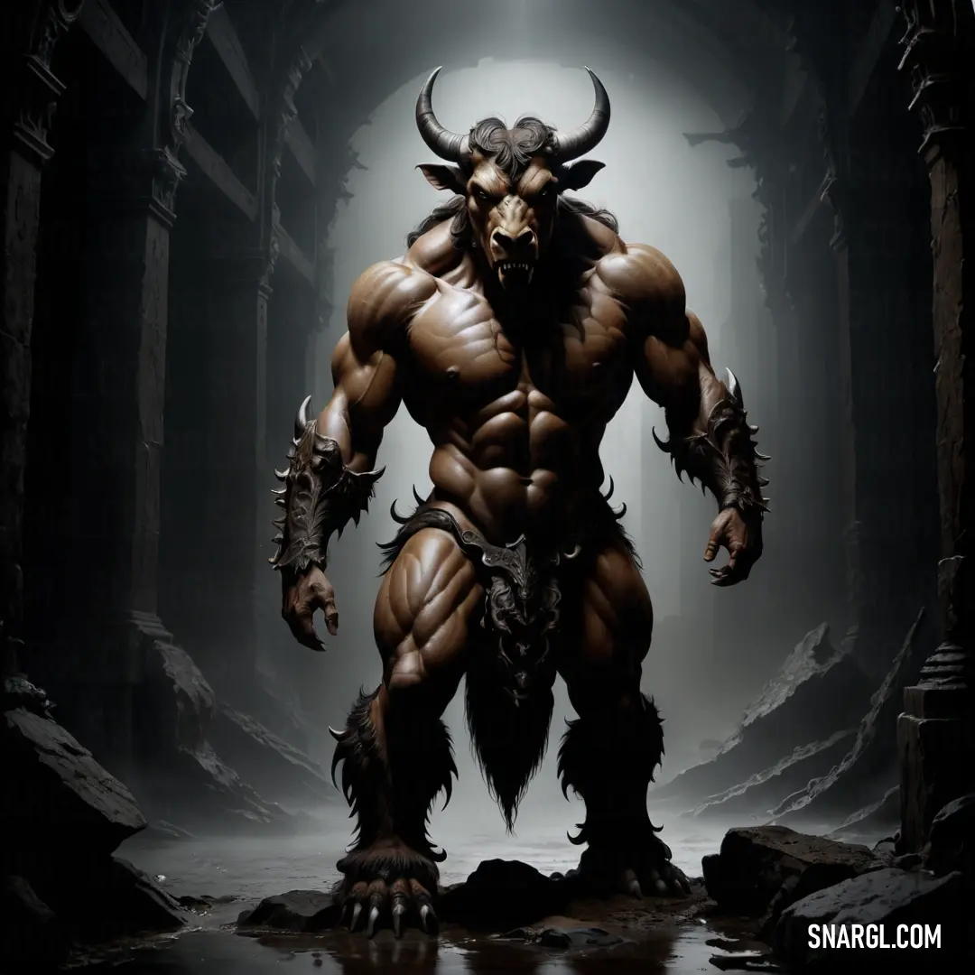 Demonic looking Minotaur standing in a dark tunnel with his hands on his hips