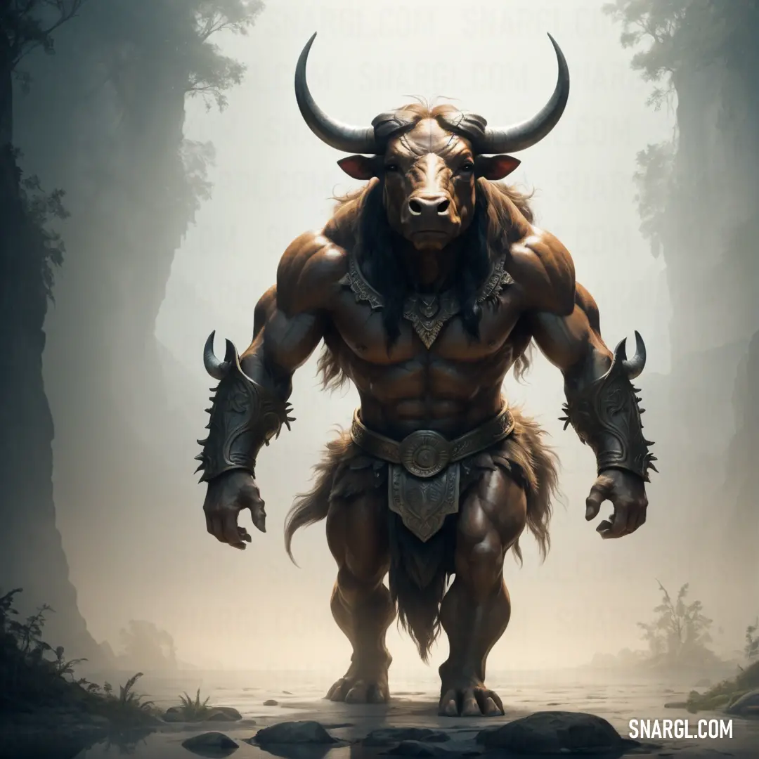 Horned male Minotaur standing in a forest with horns on his head