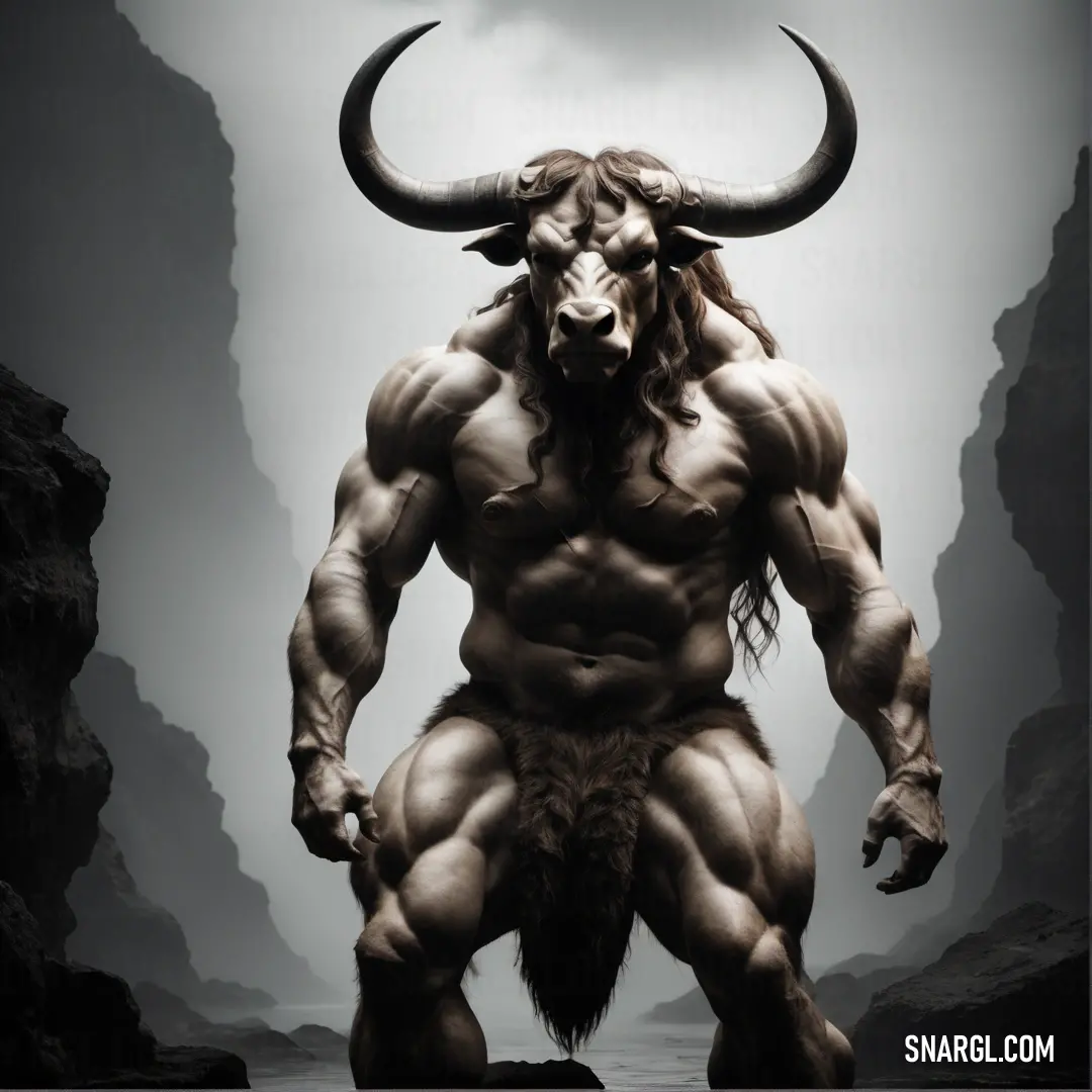 Minotaur with a horned face and horns standing in front of a mountain range with a body of water