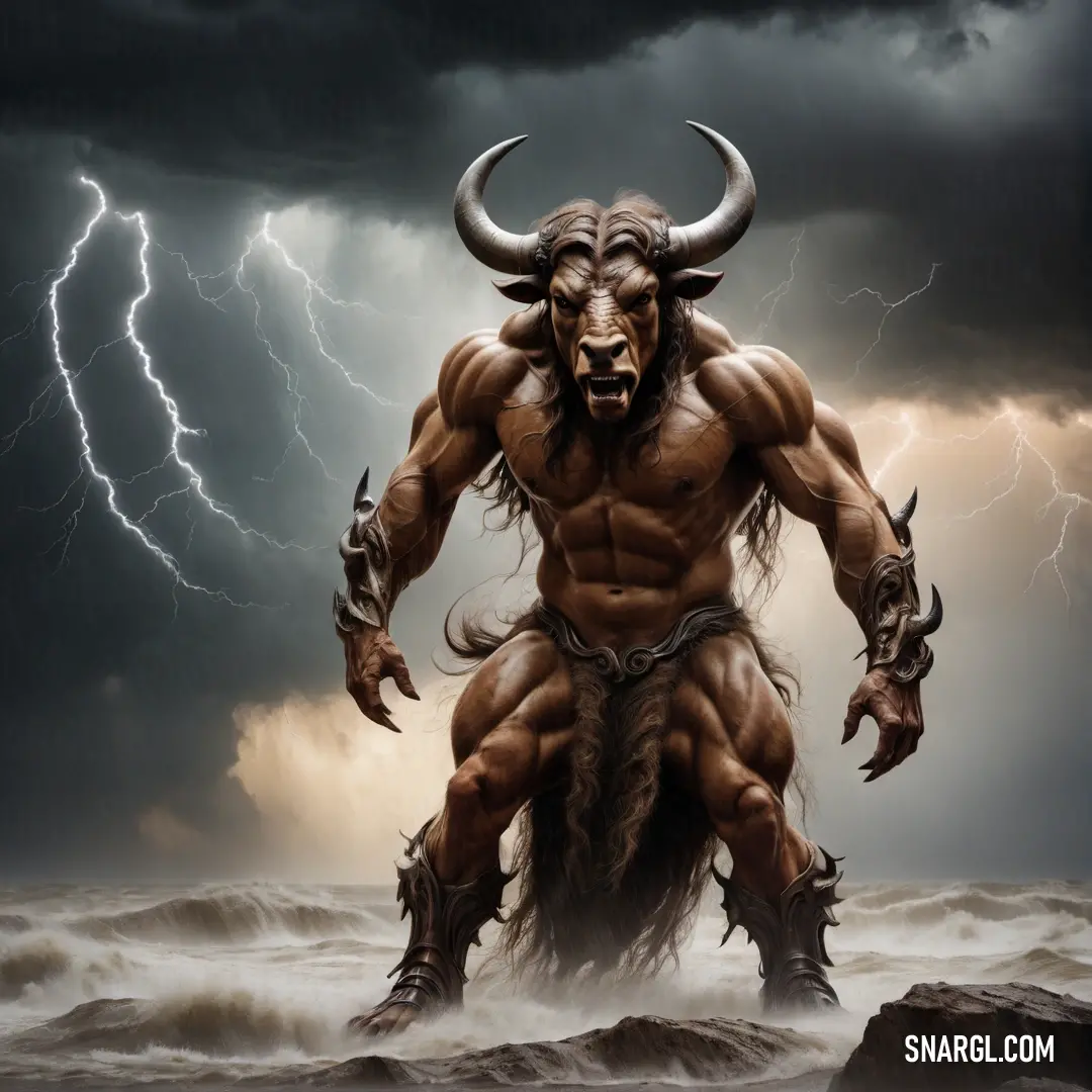 Minotaur with a horned face and horns standing in the water with a lightning behind him and a dark sky with clouds