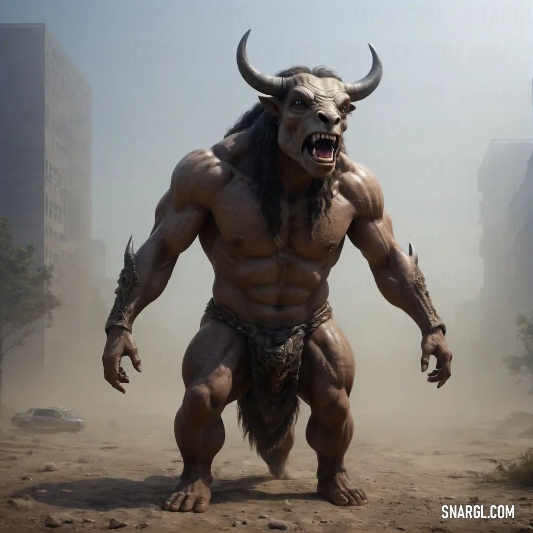 Minotaur with a horned face and horns standing in the dirt with a city in the background